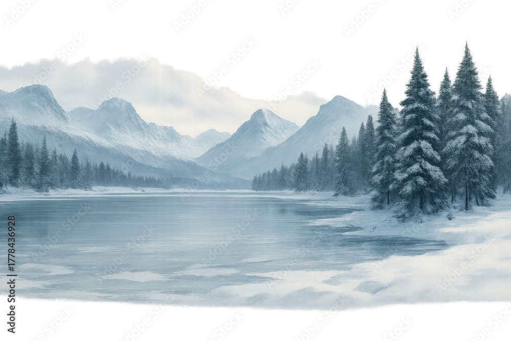 Fototapeta premium Winter landscape with snow-covered mountains, frozen lake, and pine forest showing through a torn paper effect, transparent background