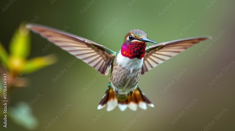 Fototapeta premium Vibrant hummingbird in mid-flight showcasing iridescent feathers and dynamic wing movements against a blurred green background