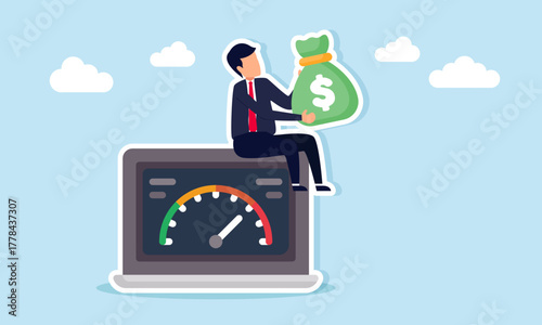Businessman sitting with money bag between laptops showing speedometer illustration of monitoring business profit calculation