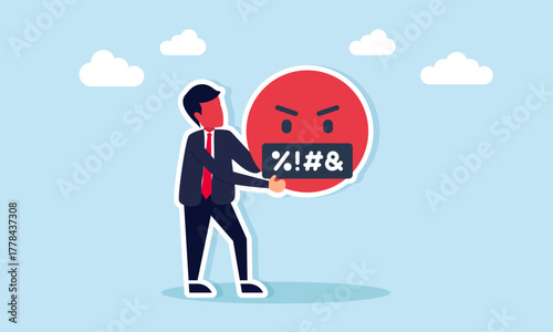 Angry businessman with red face holding red emoticon with censored mouth illustration of frustration caused by business loss or fraud