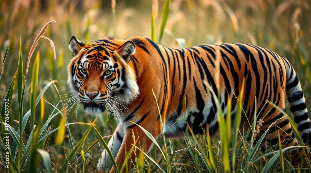 Fototapeta premium Majestic Tiger Walking Through Lush Grass in Natural Habitat Under Soft Golden Light