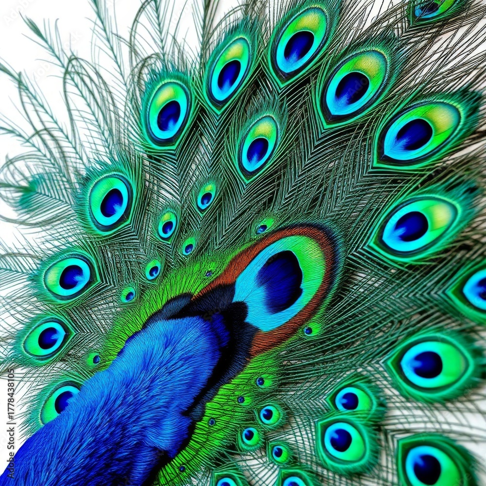 Fototapeta premium Vibrant Peacock Feather Display Showcasing Stunning Iridescence and Color Variations in Nature's Exquisite Design