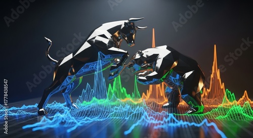 Dynamic bull versus bear market concept with vibrant financial graph, representing stock market trends and investment strategies for wealth creation