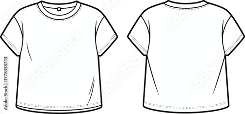 Flat technical sketch of unisex basic crew neck t-shirt front and back view, short sleeves, vector illustration, apparel template