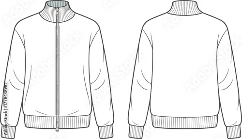 Front and back view, technical cad drawing, unisex full zip jacket with ribbed collar and cuffs, fashion flat vector sketch