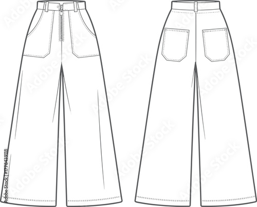 High waisted wide leg jeans technical flat sketch, front and back view, fashion illustration, denim pants design, vector template