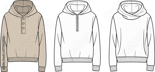 hoodie vector template, fashion flat sketch, henley hooded sweatshirt, half zip hoodie drawing, cowl neck pullover design, menswear illustration