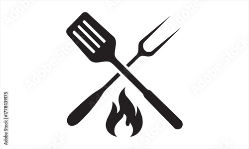 Grill Tools Silhouette Icon – Crossed Spatula and Fork with Flame for Barbecue and Outdoor Cooking