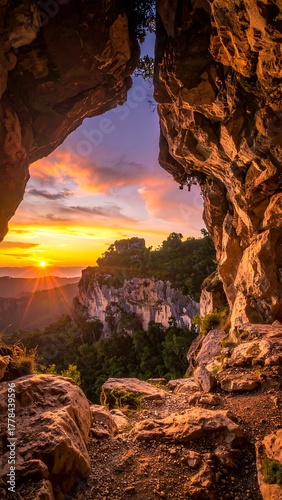 Sunrise view from a cave opening