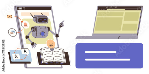 Robot with glowing bulb hovering over an open book on smartphone screen, connected to translation and email icons. Nearby laptop screen shows content display. Ideal for technology, AI, education