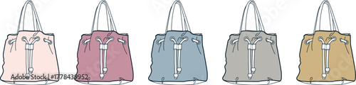 Five stylish tote bags in a row, featuring different colors and drawstring closure details