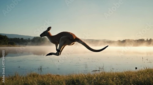 Kangaroo jumping over a misty lake at sunrise with trees and mountains in the background kangaroo video