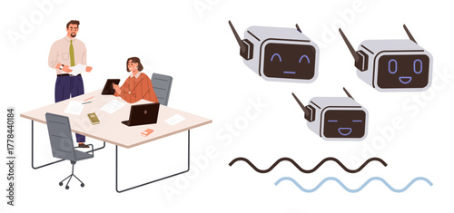 Team discussing strategies at a workstation with laptops and documents while analyzing AI robots with various expressions. Ideal for technology, teamwork, innovation, AI development, human-machine