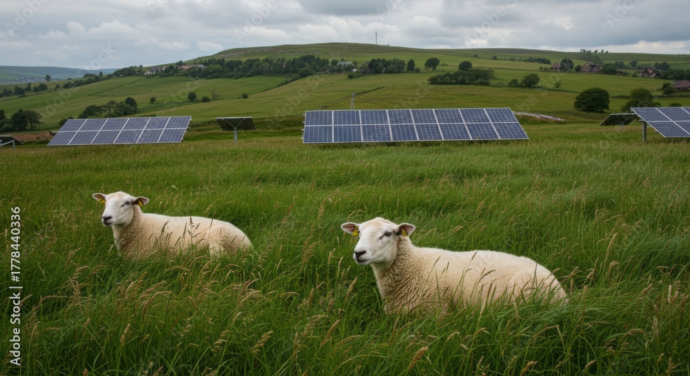 Fototapeta premium Sheep Grazing in a Green Field with Solar Panels in the Background