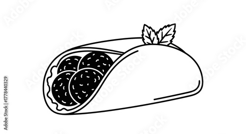 A simple black and white illustration of a taco with fillings and garnish
