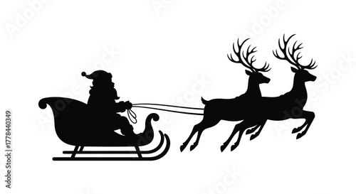 Silhouette of santa claus riding in his sleigh pulled by reindeer across a white background