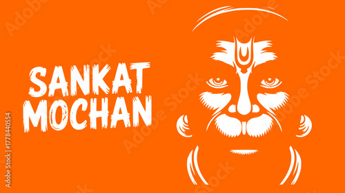 Sankat Mochan Hanuman face illustration on orange background, divine Hindu art design, spiritual religious poster, minimal vector artwork representing Lord Hanuman’s power and devotion, modern Indian 
