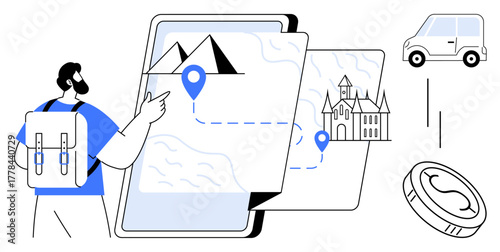 Man with backpack pointing at digital map showing route, landmarks, and location pins. Ideal for travel, navigation, tourism, itinerary, exploration vacation adventure planning. Simple flat