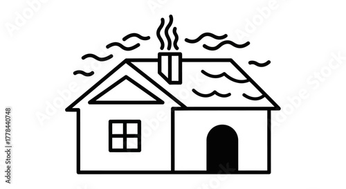Simple line drawing of a house with a smoking chimney illustration