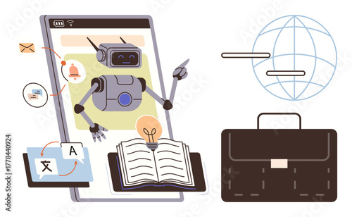 Robot in smartphone screen guiding tasks with an open book, translation tools, alerts, and suitcase. Ideal for AI innovation, online education, automation, global business, tech careers language