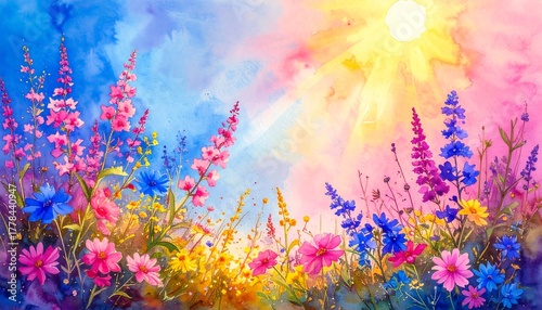Fototapeta Naklejka Na Ścianę i Meble -  Vibrant watercolor meadow scene