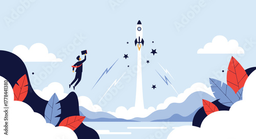 Businessman soaring through the sky towards a powerful rocket launching, symbolizing ambition, startup success, and innovation.