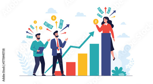 Business professionals celebrate financial growth and investment success with an upward-trending bar chart and circulating money.