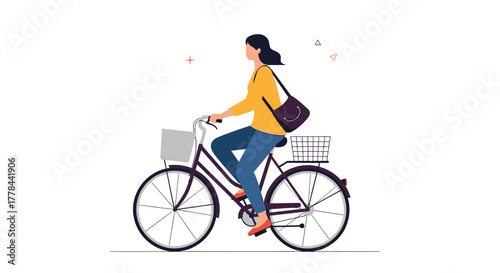 A woman rides a purple bicycle with front and rear baskets, wearing a yellow top and blue jeans, presented in a clean and modern flat design illustration.