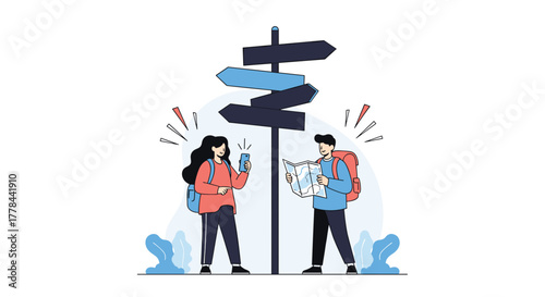 Two travelers with backpacks at a signpost consult a smartphone and a paper map, deciding their next destination.