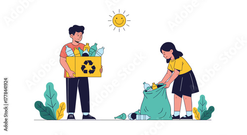A boy and a girl collecting plastic bottles for recycling, demonstrating environmental care and waste management under a cheerful sun.