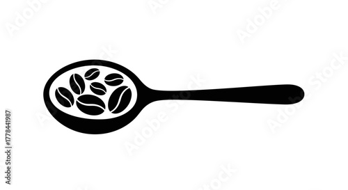 A black and white illustration of coffee beans in a spoon