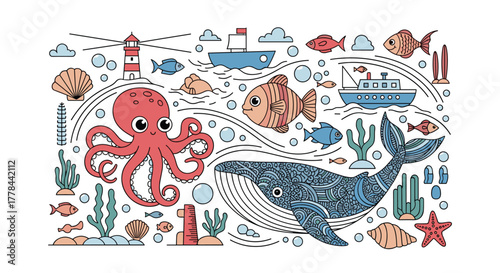 A cheerful and detailed cartoon illustration depicting an underwater world teeming with cute marine animals, plants, and nautical elements like a lighthouse and boats.