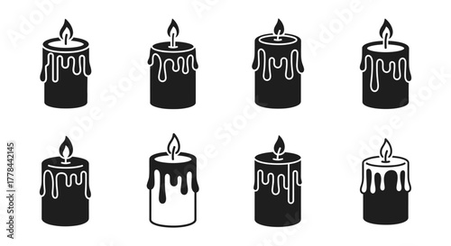 Black and white illustration depicting eight dripping wax candles in various states
