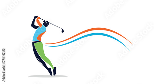 A dynamic, stylized illustration of a golfer mid-swing, with vibrant blue and orange streaks symbolizing movement or a golf ball's flight.