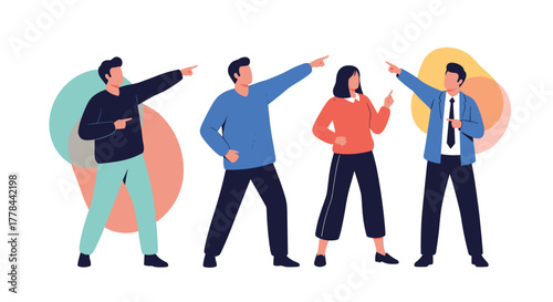 Four diverse people pointing in various directions, possibly indicating different ideas, decision-making, or disagreement within a group setting.