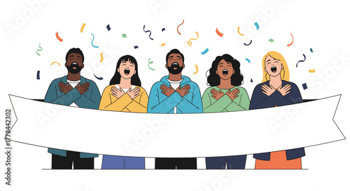 Diverse group of people expressing strong emotion and unity, hands over hearts, singing or cheering under falling confetti and a blank banner.