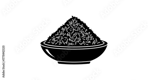 A black and white illustration of a bowl filled with tea leaves