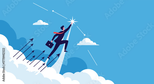 An ambitious businessman rises above the clouds, reaching for a bright star, representing goal achievement, leadership, and successful growth.