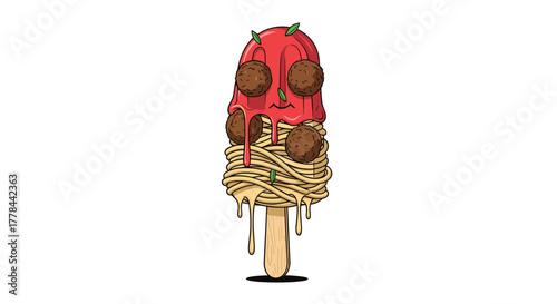 A whimsical spaghetti and meatballs popsicle combines savory pasta with a sweet frozen treat concept, dripping sauce and pasta over a wooden stick.