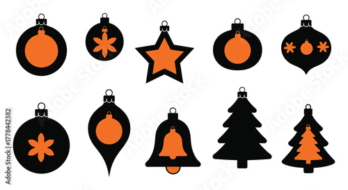 Set of ten black and orange christmas tree ornaments in various festive shapes including baubles stars and bells