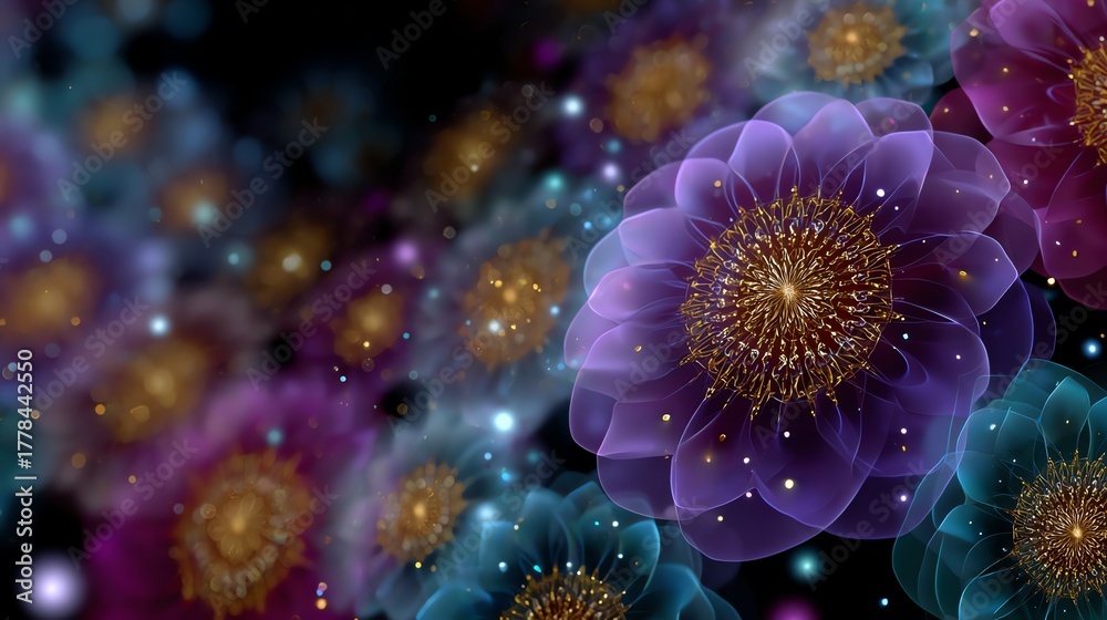Fototapeta premium Abstract Flowers with Glowing Details and Delicate Transparency on Dark Background