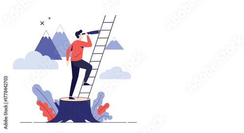 A man stands on a tree stump, looking through a telescope at a ladder leading towards distant mountains, symbolizing future vision and exploration.