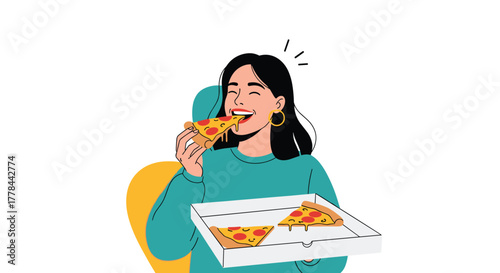 Happy young woman joyfully eats a slice of delicious, cheesy pizza, with more slices in the box she's holding.