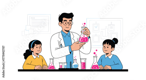 A male scientist in a lab coat demonstrates a chemistry experiment to two smiling young girls, using colorful liquids in a vibrant laboratory.