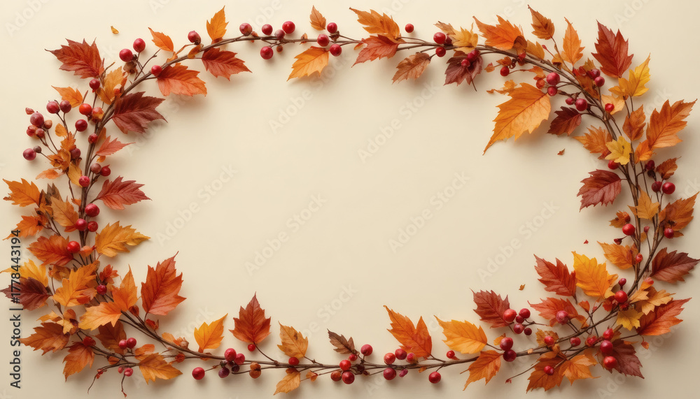 Fototapeta premium Autumn wreath frame with leaves and berries on cream background, Thanksgiving card layout.