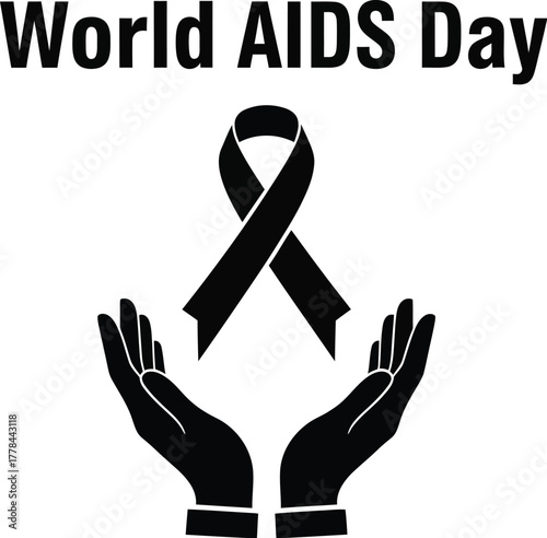World aids day illustration featuring a red ribbon held by two hands, promoting awareness and support