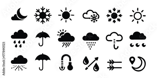 Weather & Climate Icons Pack | Sun, Cloud, Rain, Snow, and Storm Vector Set | Minimal Line and Solid Style