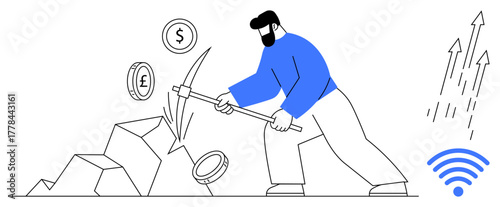Individual using a pickaxe to mine virtual currency surrounded by coins, growth arrows, and wireless signal. Ideal for technology, cryptocurrency, investment, innovation, finance, data processing