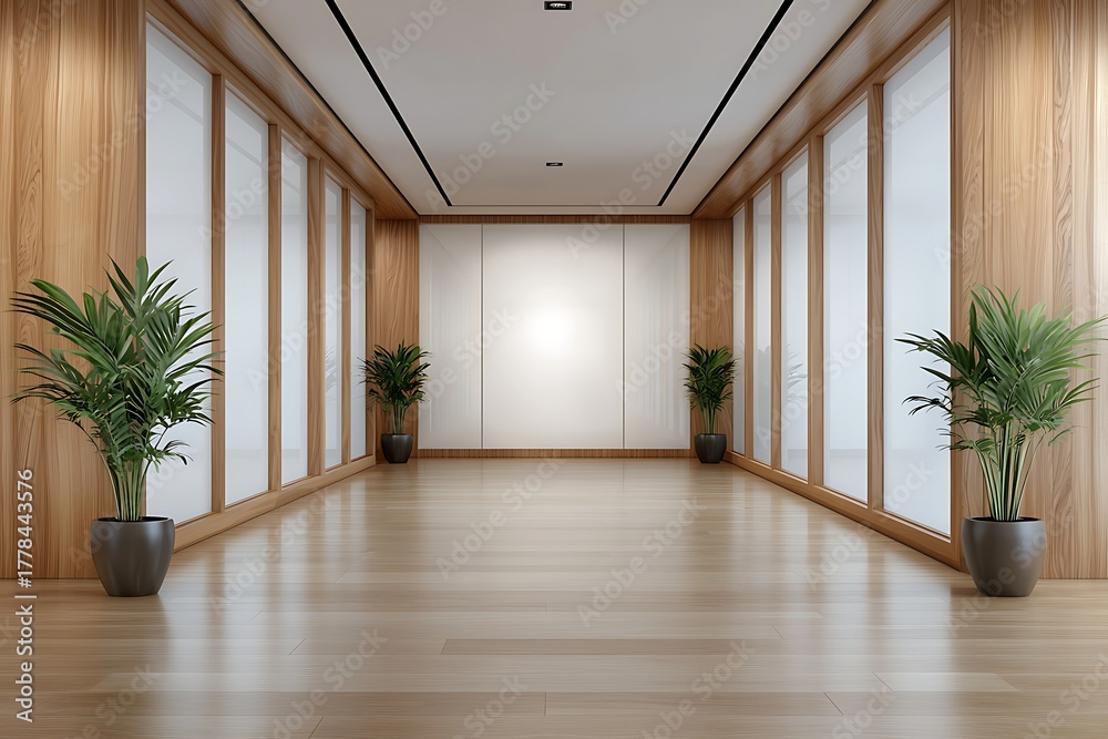Obraz premium Modern Empty Hallway with Wooden Walls, Large Windows, and Green Plants in Stylish Pots