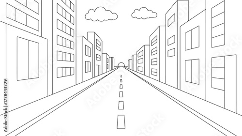 Linear perspective drawing of an empty city street with buildings and clouds